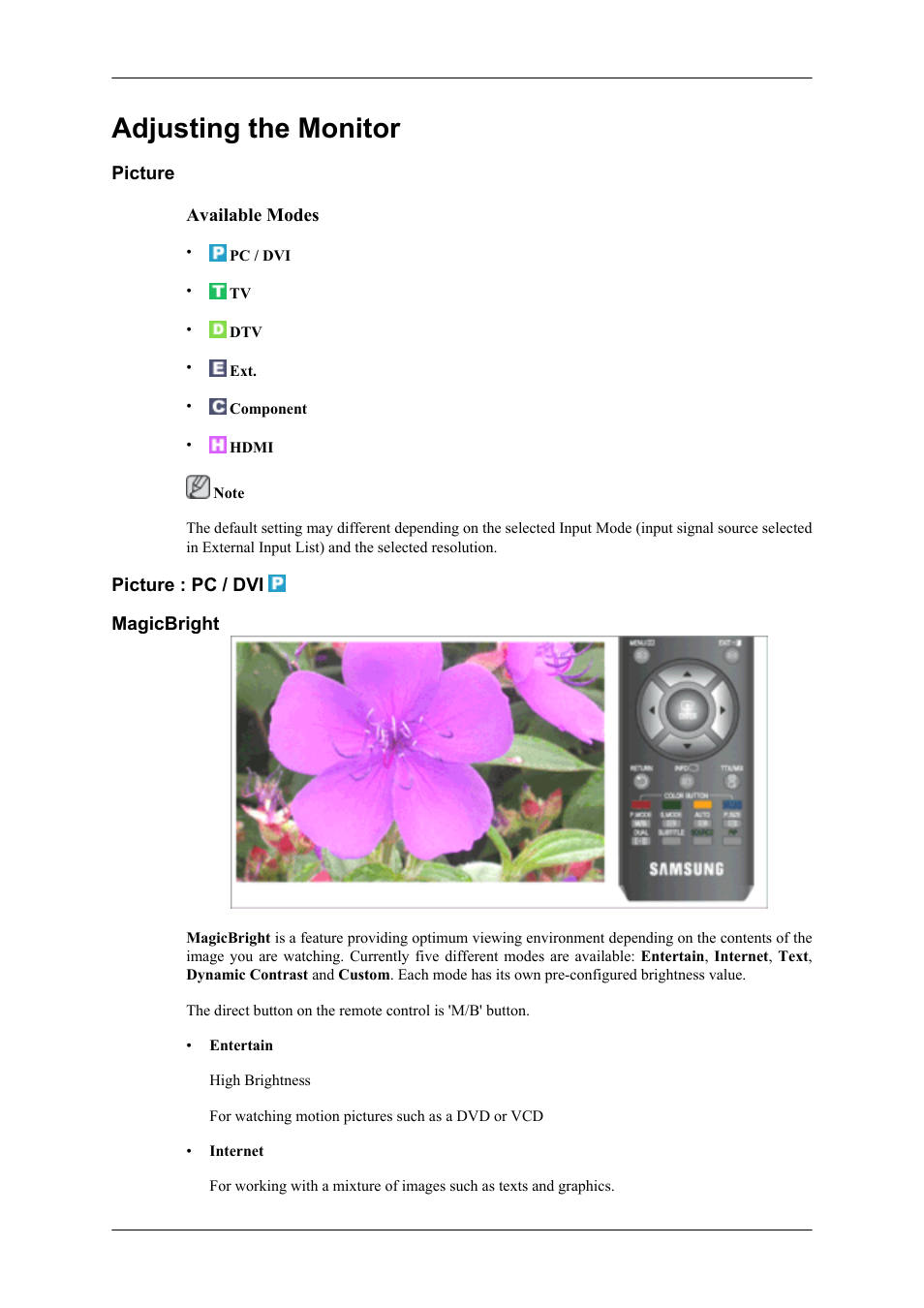 Adjusting the monitor, Picture, Picture : pc / dvi | Magicbright | Samsung LS20TDNSUV-ZA User Manual | Page 36 / 80