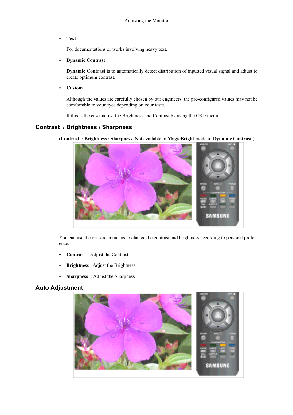 Contrast / brightness / sharpness, Auto adjustment | Samsung LS20TDNSUV-ZA User Manual | Page 37 / 80