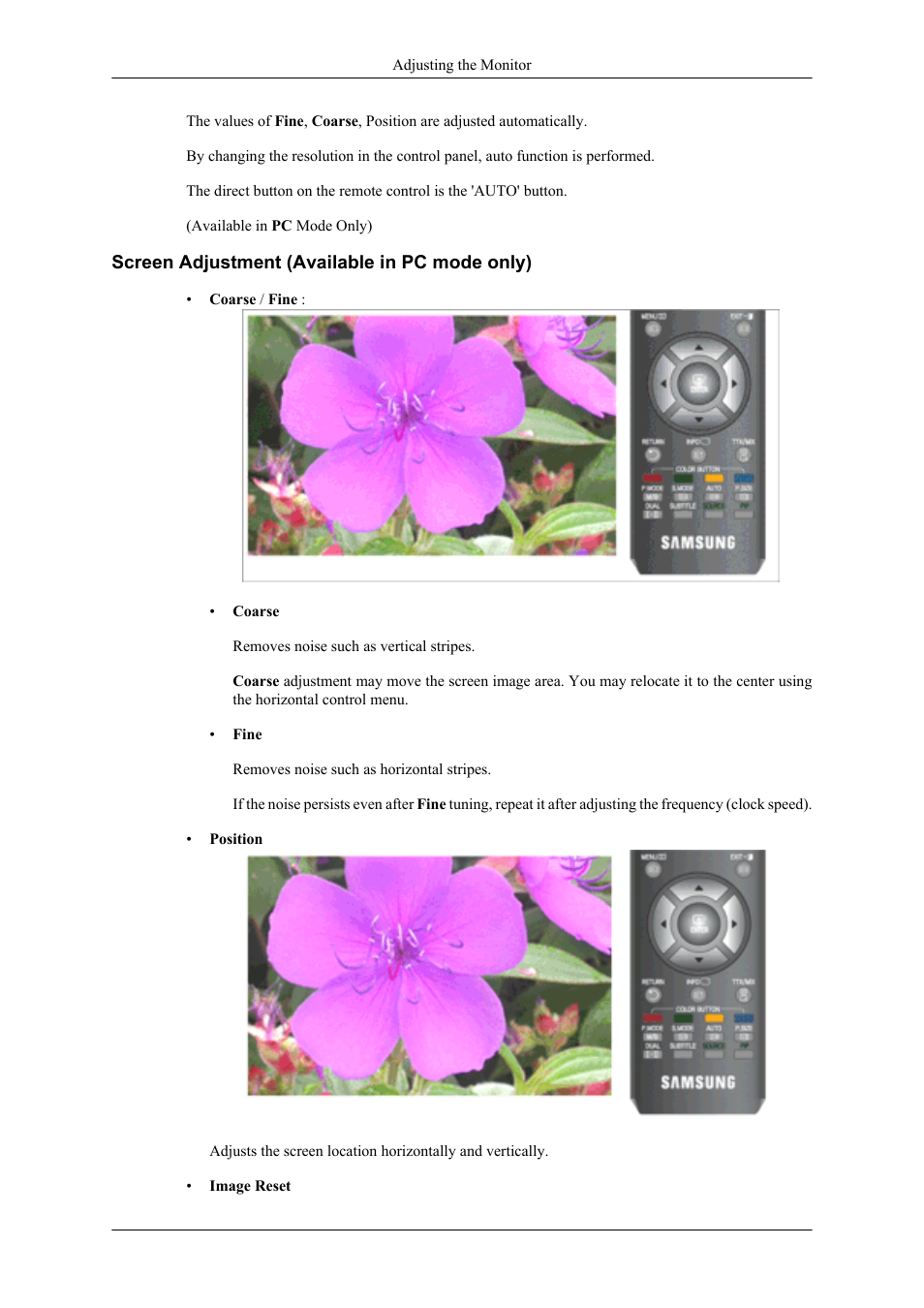 Screen adjustment (available in pc mode only) | Samsung LS20TDNSUV-ZA User Manual | Page 38 / 80