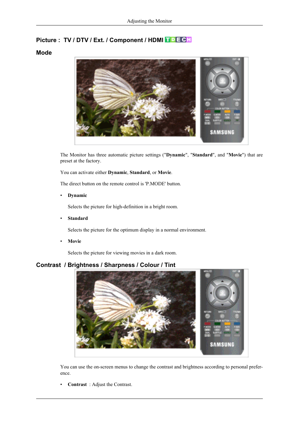 Picture : tv / dtv / ext. / component / hdmi, Mode, Contrast / brightness / sharpness / colour / tint | Samsung LS20TDNSUV-ZA User Manual | Page 41 / 80