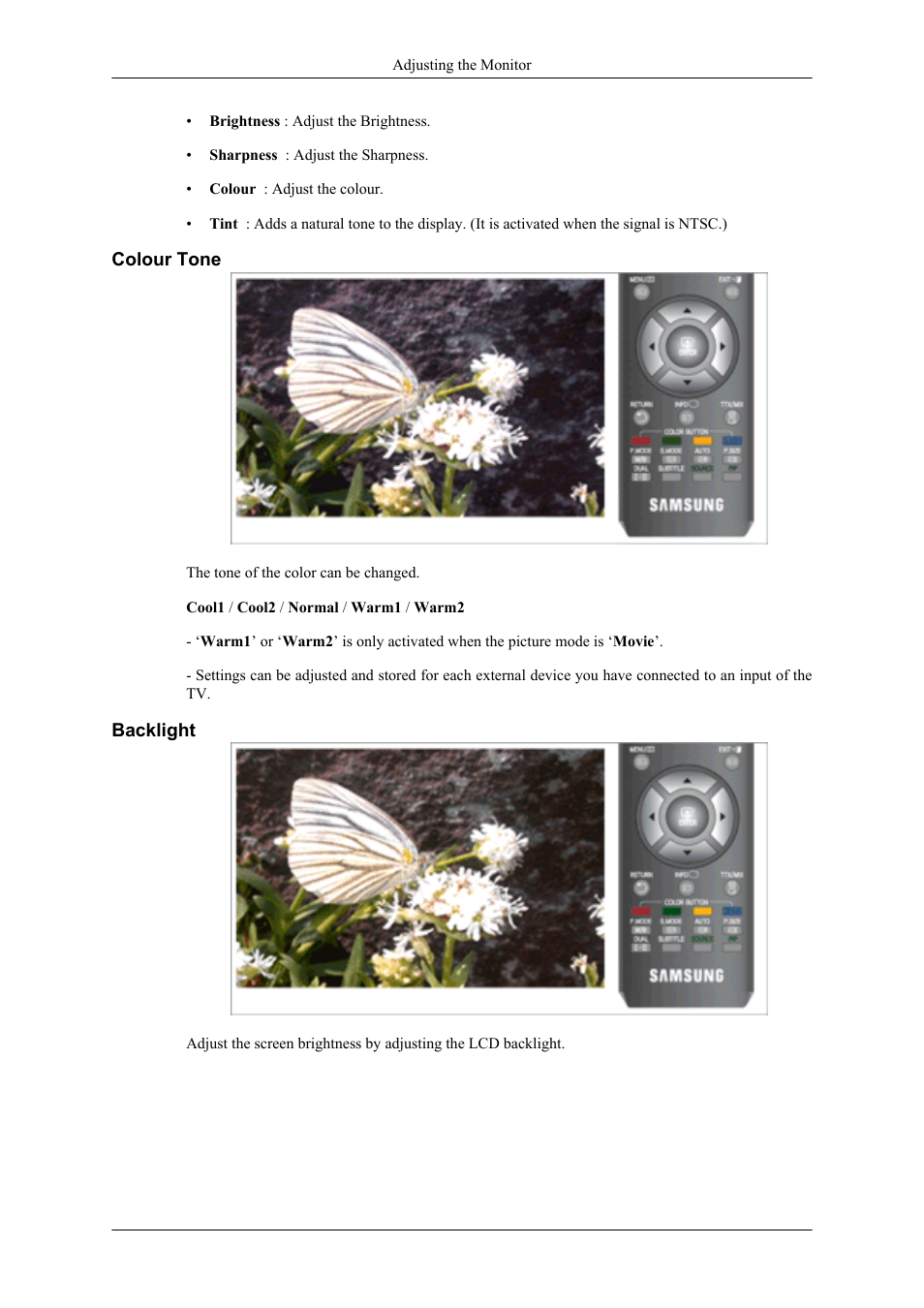 Colour tone, Backlight | Samsung LS20TDNSUV-ZA User Manual | Page 42 / 80