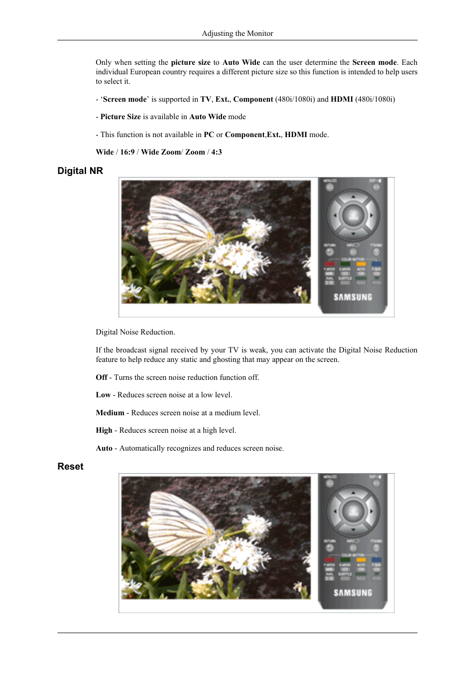 Digital nr, Reset | Samsung LS20TDNSUV-ZA User Manual | Page 44 / 80