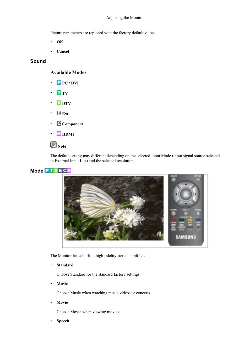 Sound, Mode | Samsung LS20TDNSUV-ZA User Manual | Page 45 / 80