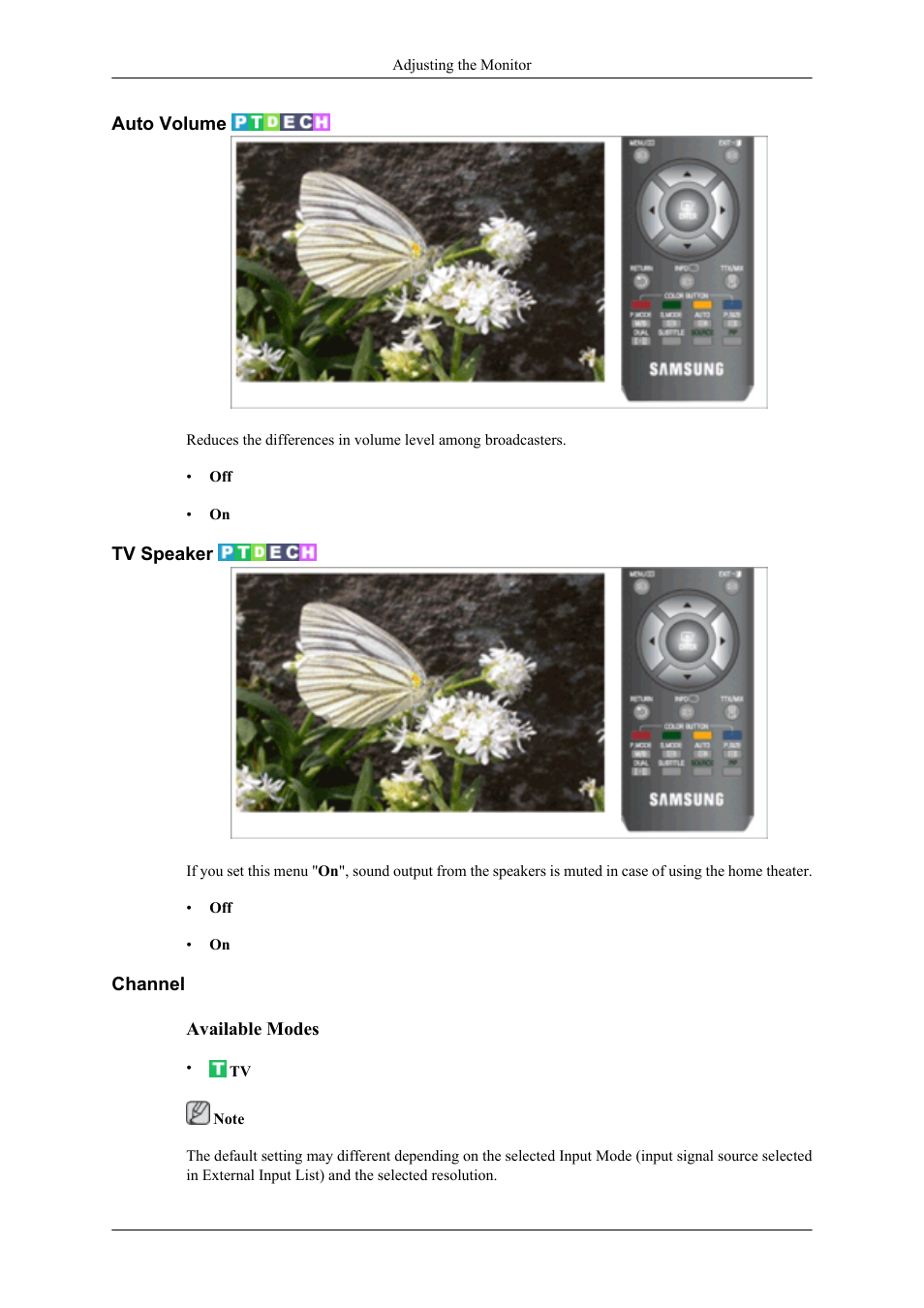 Auto volume, Tv speaker, Channel | Samsung LS20TDNSUV-ZA User Manual | Page 47 / 80