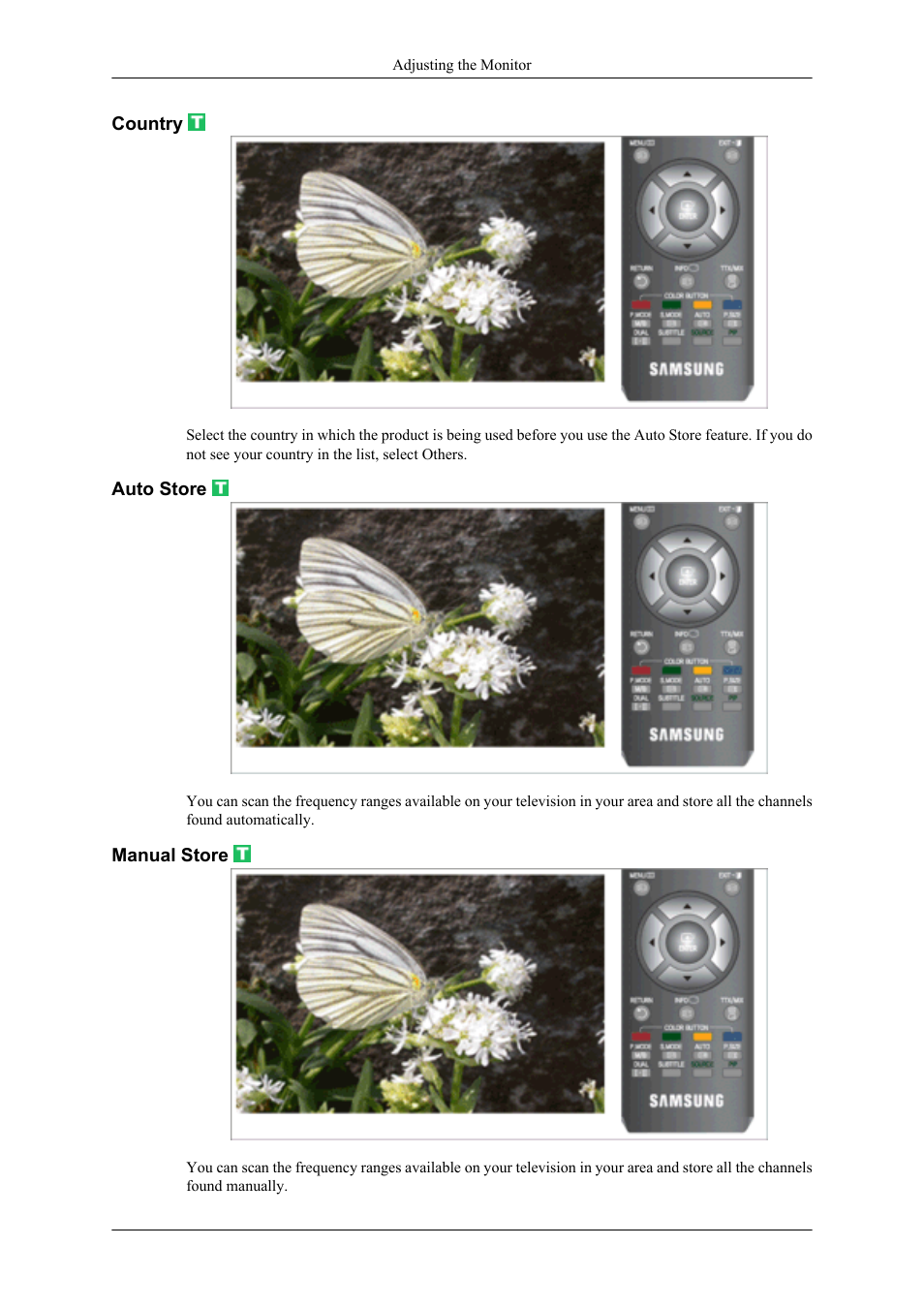 Country, Auto store, Manual store | Samsung LS20TDNSUV-ZA User Manual | Page 48 / 80