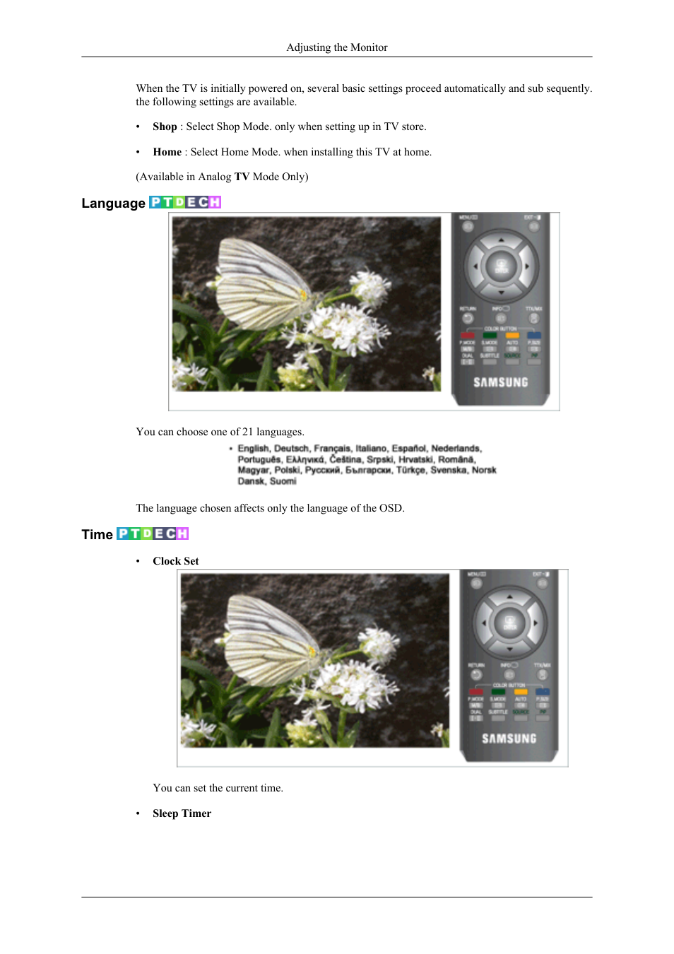 Language, Time | Samsung LS20TDNSUV-ZA User Manual | Page 52 / 80