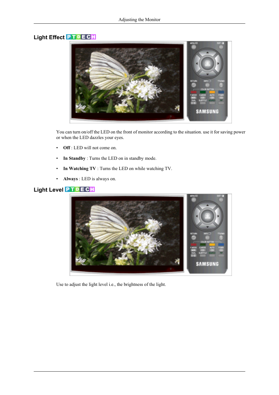 Light effect, Light level | Samsung LS20TDNSUV-ZA User Manual | Page 55 / 80