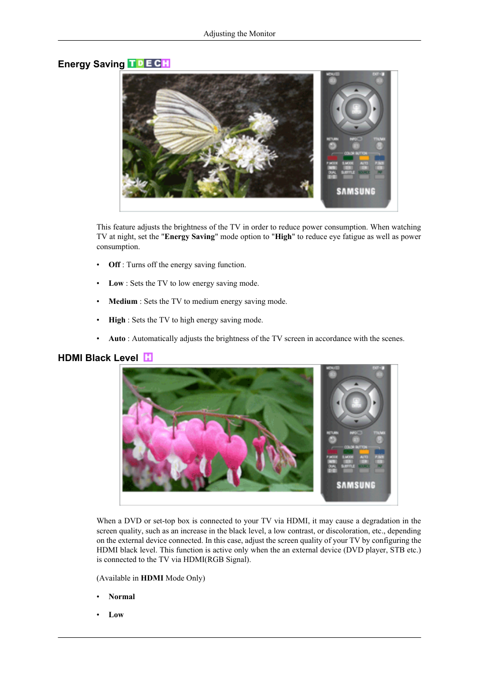 Energy saving, Hdmi black level | Samsung LS20TDNSUV-ZA User Manual | Page 56 / 80