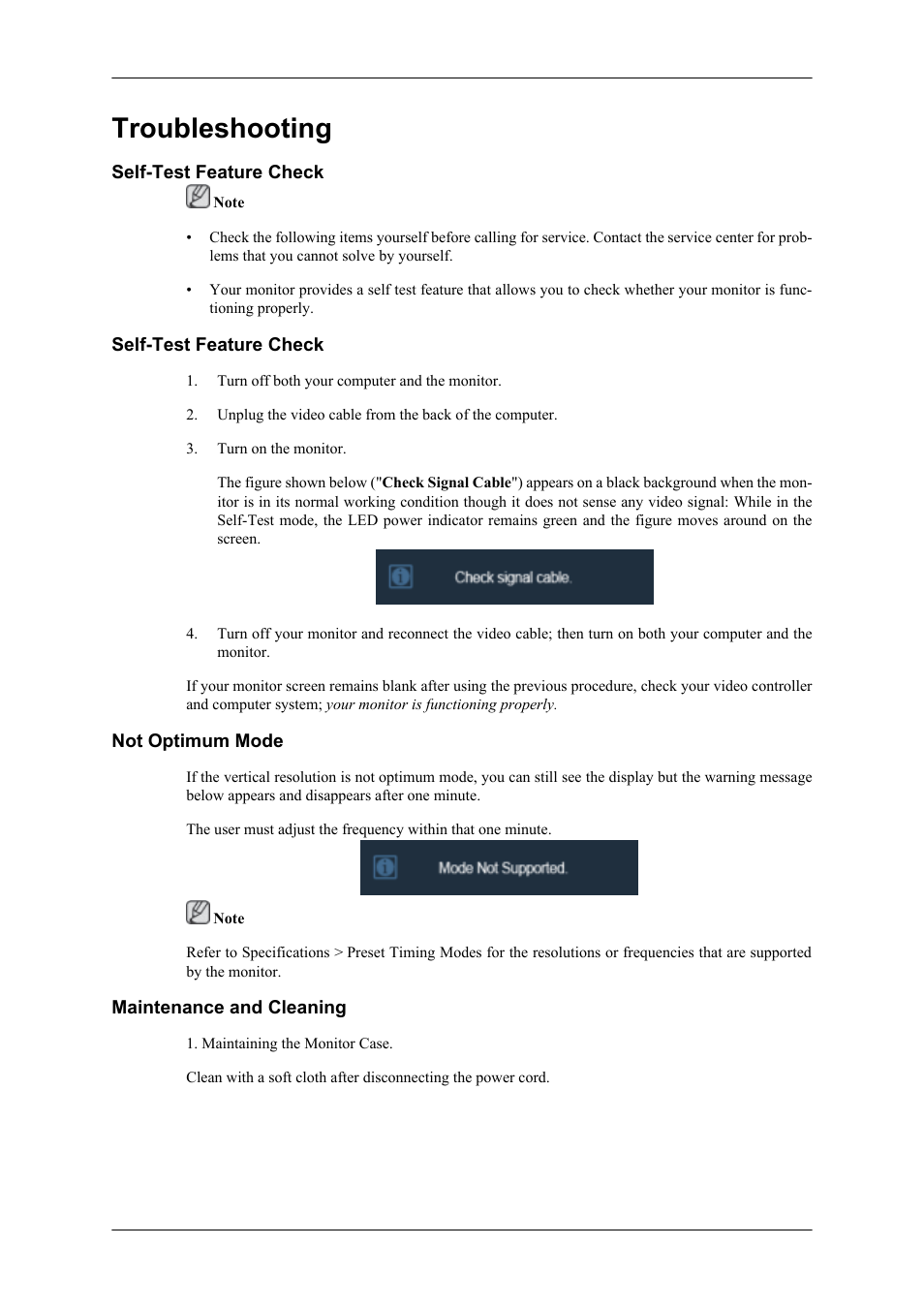 Troubleshooting, Self-test feature check, Not optimum mode | Maintenance and cleaning | Samsung LS20TDNSUV-ZA User Manual | Page 59 / 80