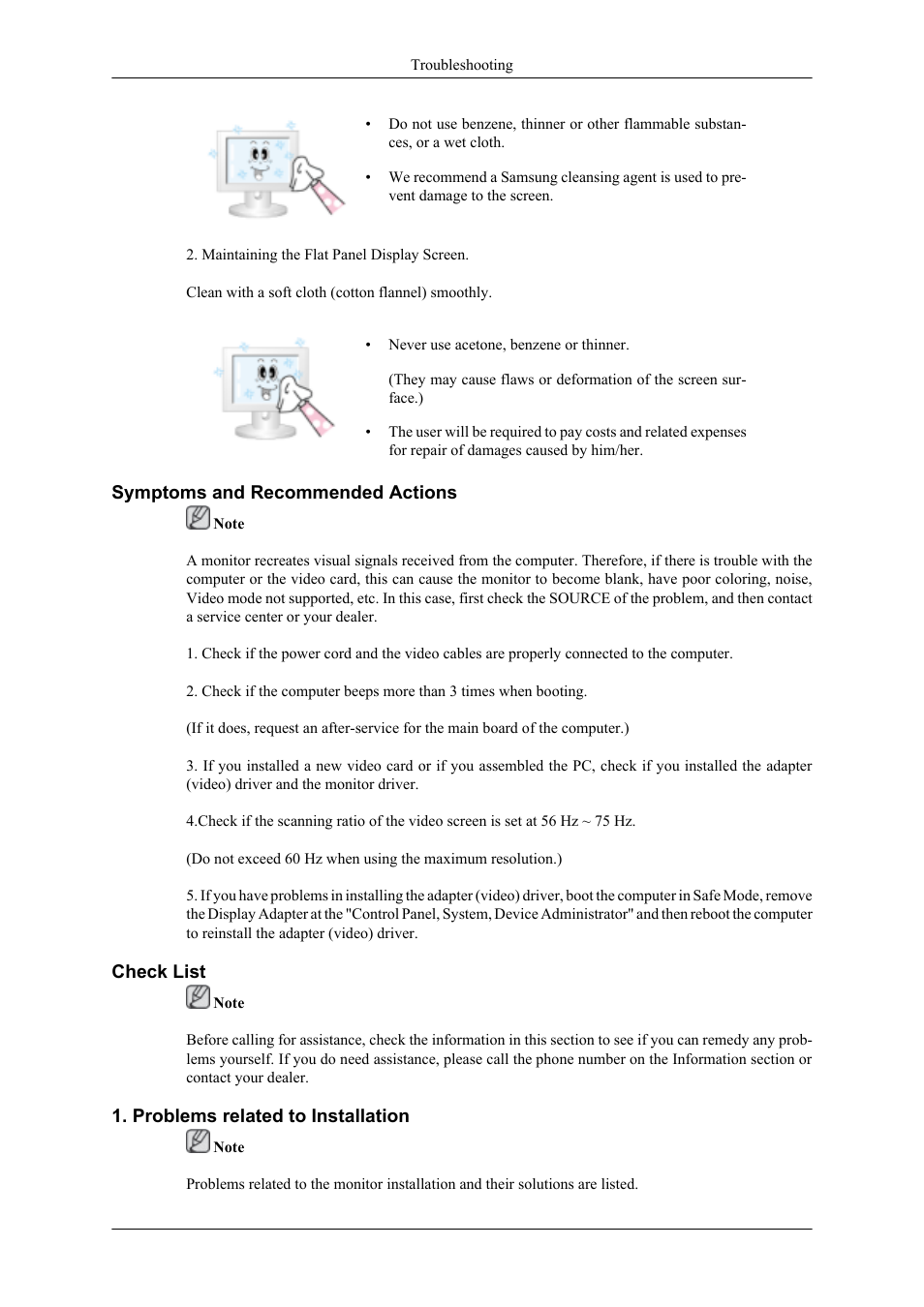 Symptoms and recommended actions, Check list, Problems related to installation | Samsung LS20TDNSUV-ZA User Manual | Page 60 / 80