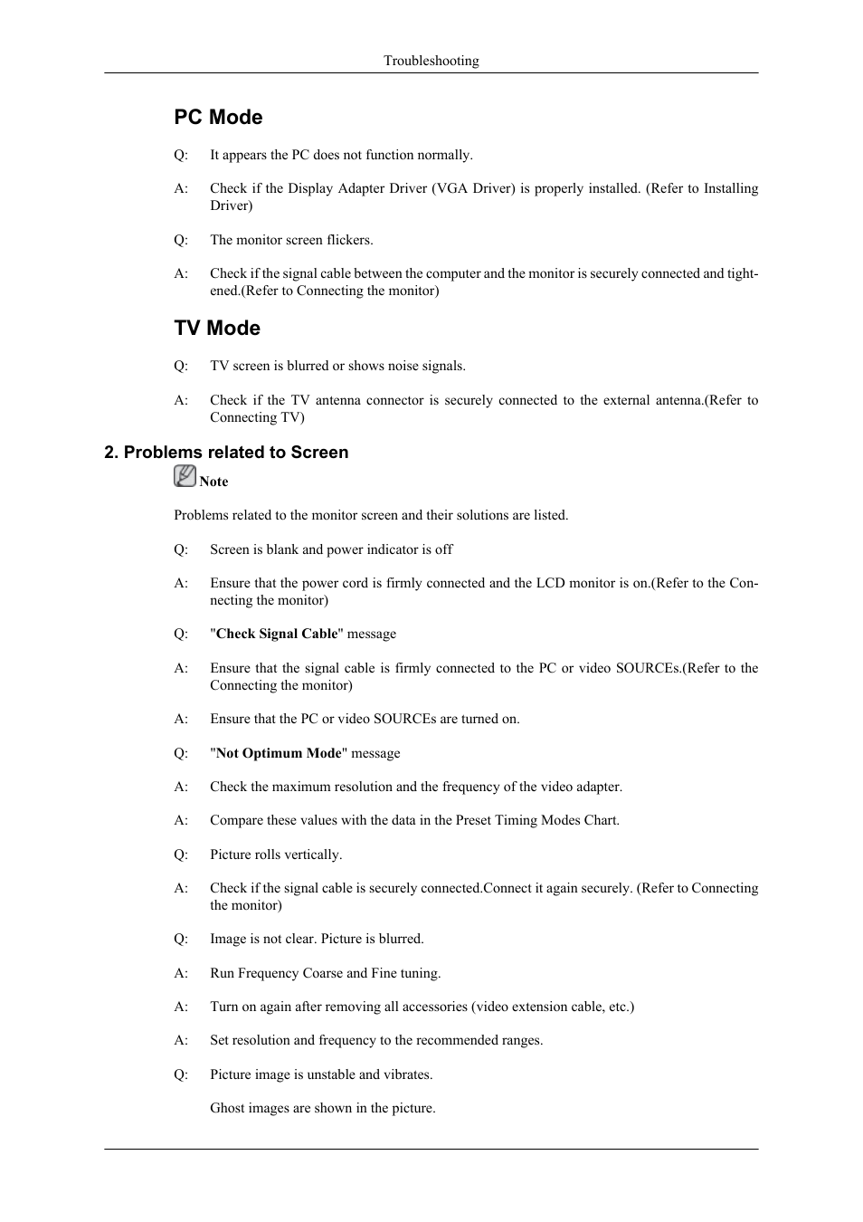 Problems related to screen, Pc mode, Tv mode | Samsung LS20TDNSUV-ZA User Manual | Page 61 / 80