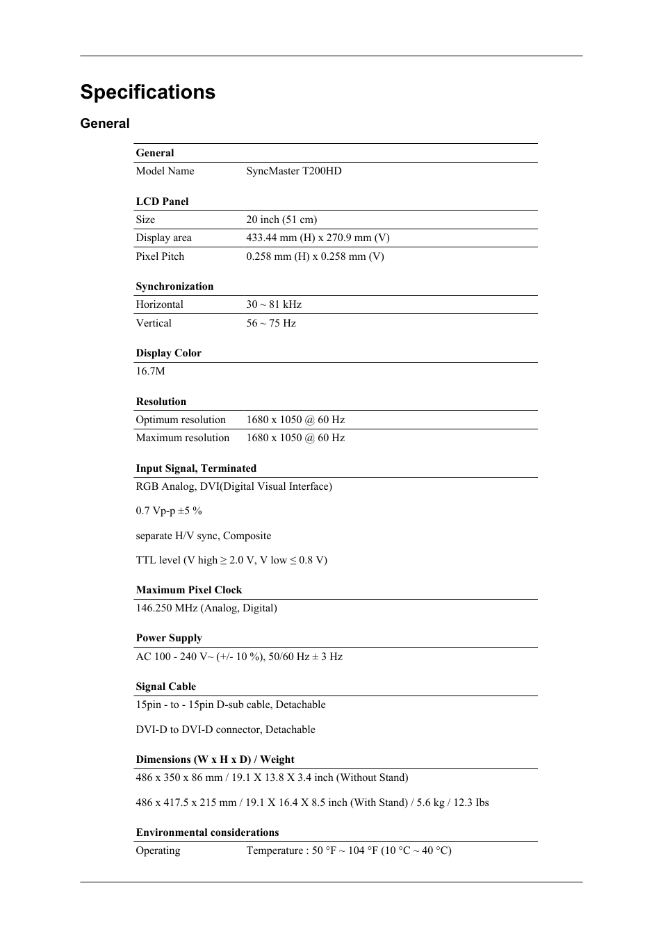 Specifications, General | Samsung LS20TDNSUV-ZA User Manual | Page 65 / 80