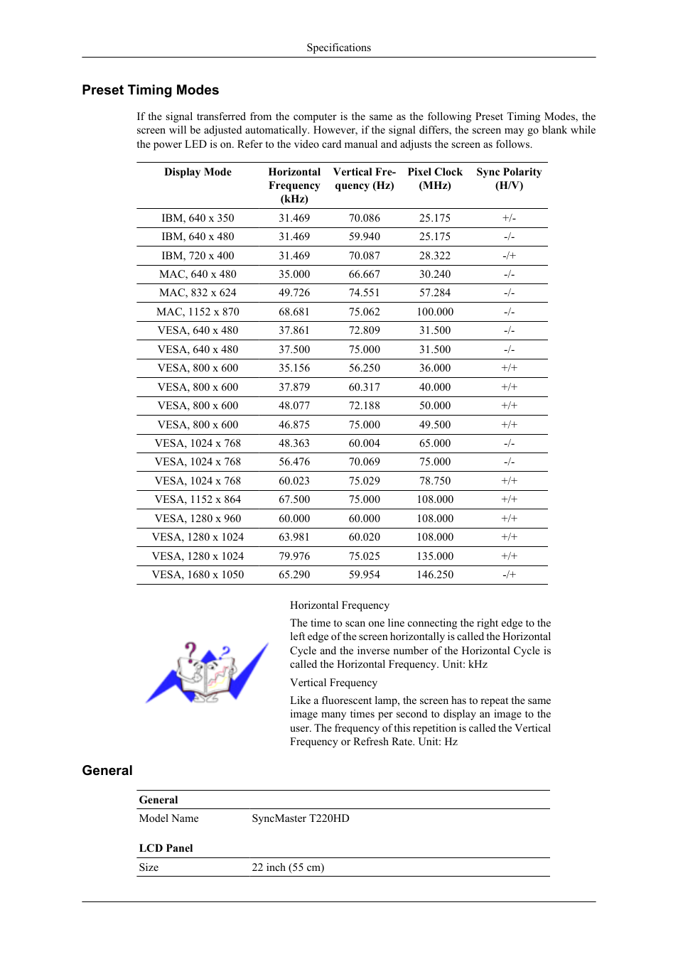 Preset timing modes, General | Samsung LS20TDNSUV-ZA User Manual | Page 67 / 80