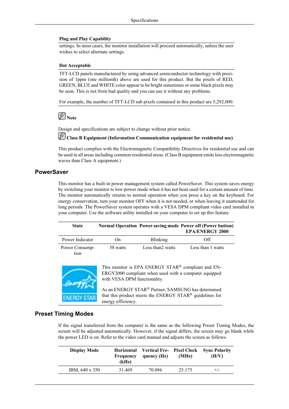 Powersaver, Preset timing modes | Samsung LS20TDNSUV-ZA User Manual | Page 69 / 80