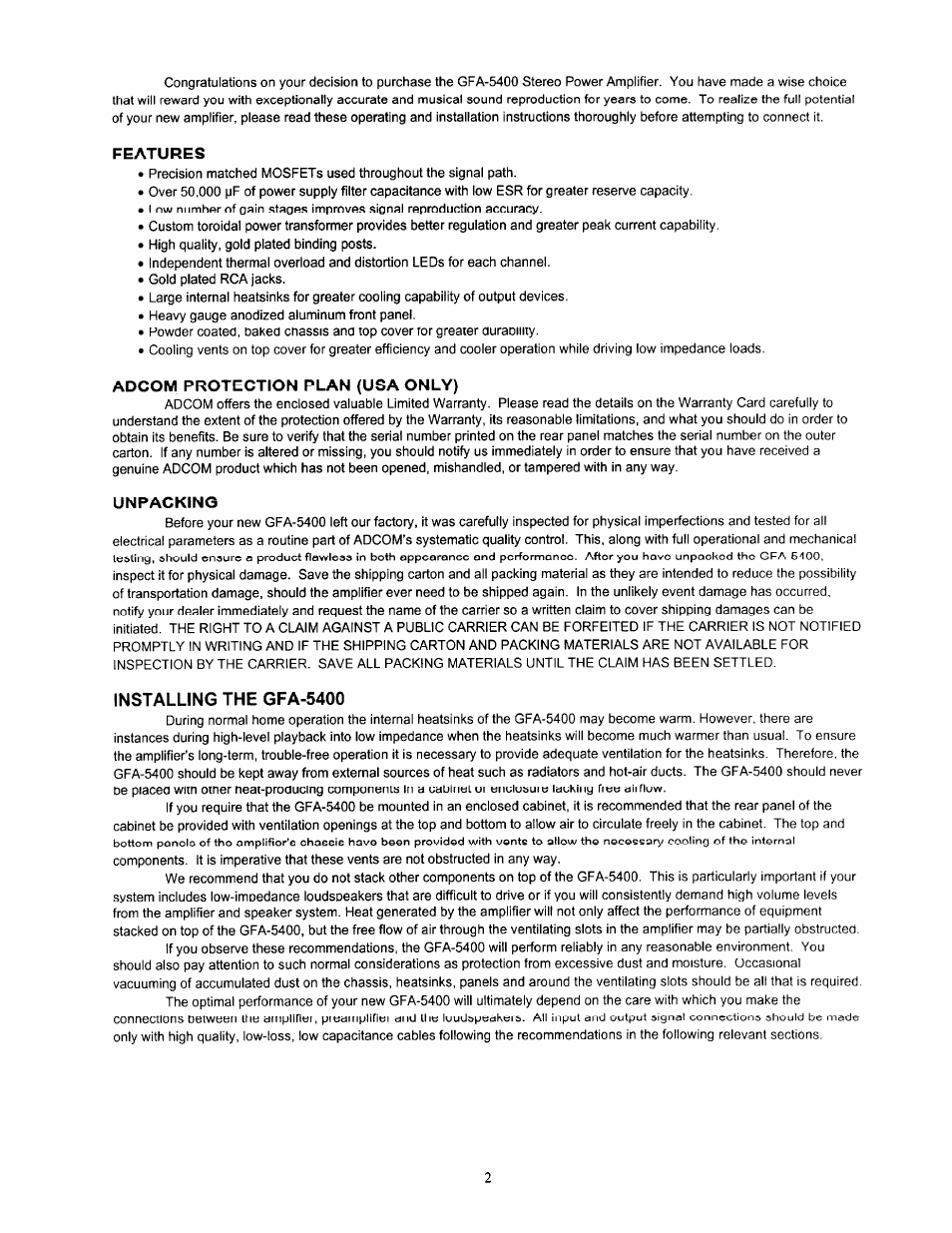 Features, Adcom protection plan (usa only), Unpacking | Installing the gfa-5400 | Adcom GFA-5400 User Manual | Page 3 / 8
