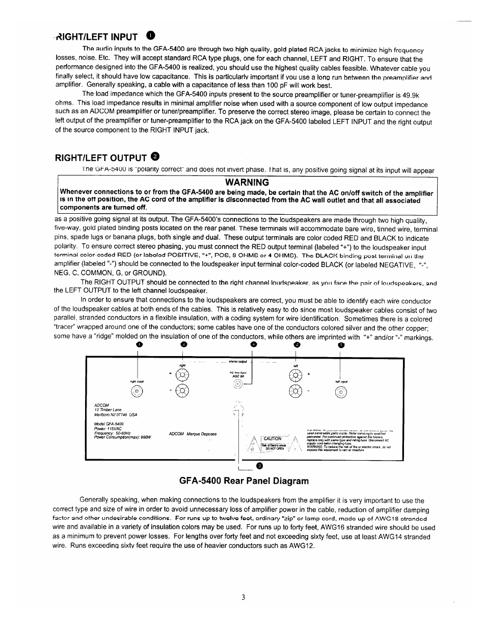 Ight/left input o, Right/left output, Warning | Gfa-5400 rear panel diagram | Adcom GFA-5400 User Manual | Page 4 / 8
