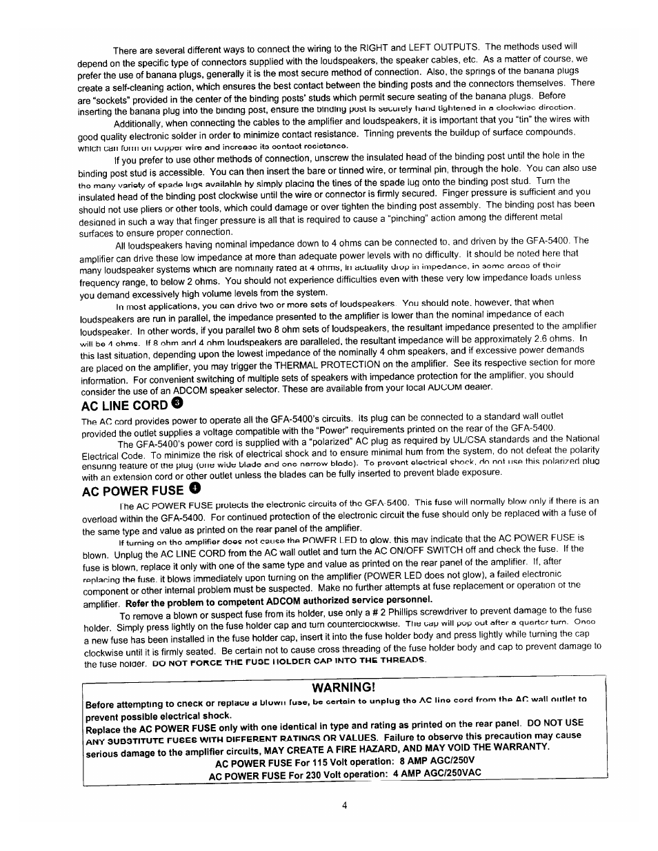 Ac line cord, Ac power fuse o, Warning | Adcom GFA-5400 User Manual | Page 5 / 8