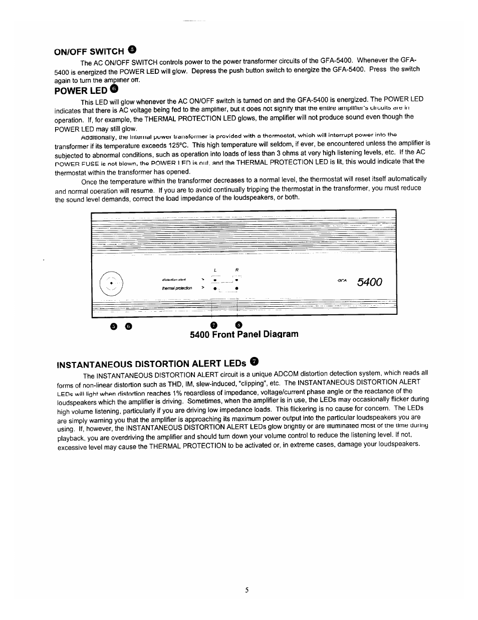 On/off switch, Power led, 5400 front panel diagram | Instantaneous distortion alert leds o, E o o o | Adcom GFA-5400 User Manual | Page 6 / 8