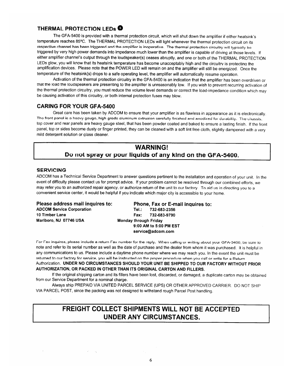 Thermal protection leds o, Caring for your gfa-5400, Warning | Servicing, Phone, fax or e-mail inquires to | Adcom GFA-5400 User Manual | Page 7 / 8