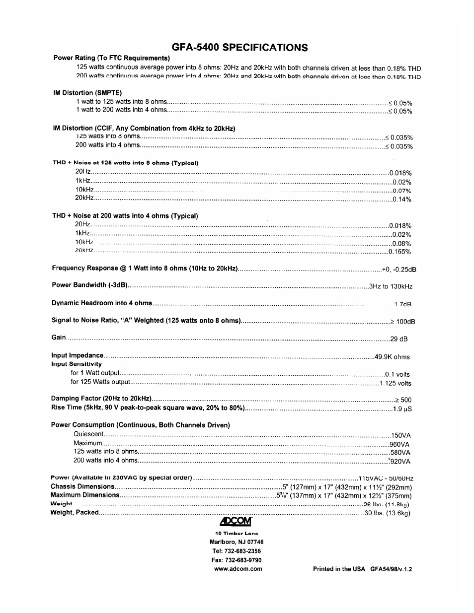 Gfa-5400 specifications, Dcom | Adcom GFA-5400 User Manual | Page 8 / 8