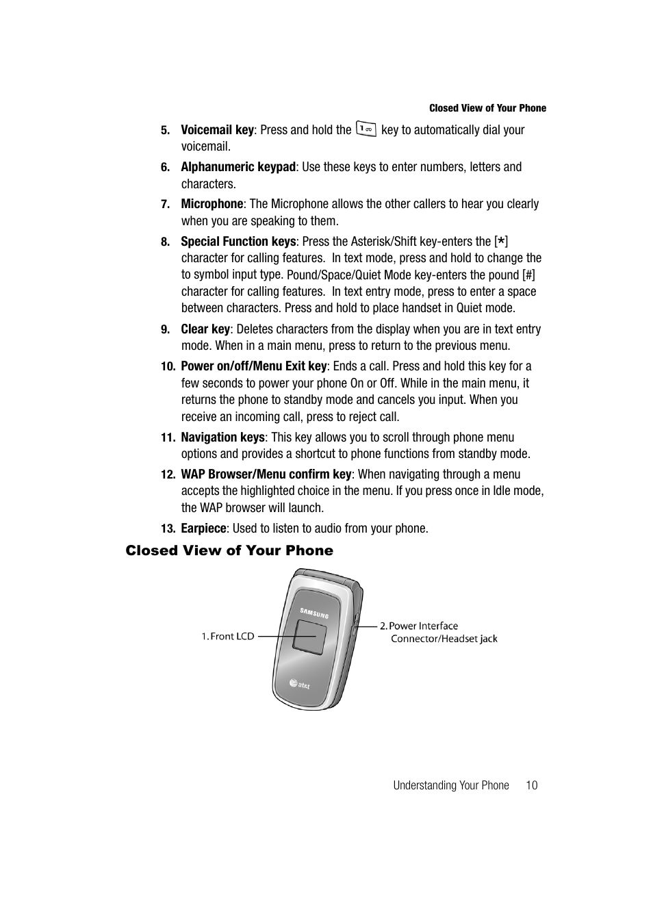 Closed view of your phone | Samsung SGH-A117ZKCATT User Manual | Page 13 / 92