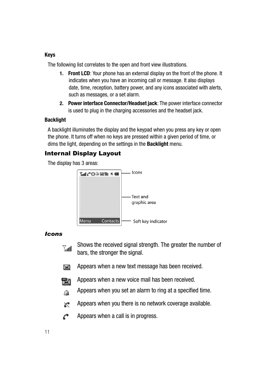 Internal display layout | Samsung SGH-A117ZKCATT User Manual | Page 14 / 92