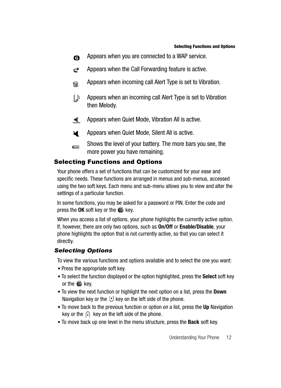 Selecting functions and options | Samsung SGH-A117ZKCATT User Manual | Page 15 / 92