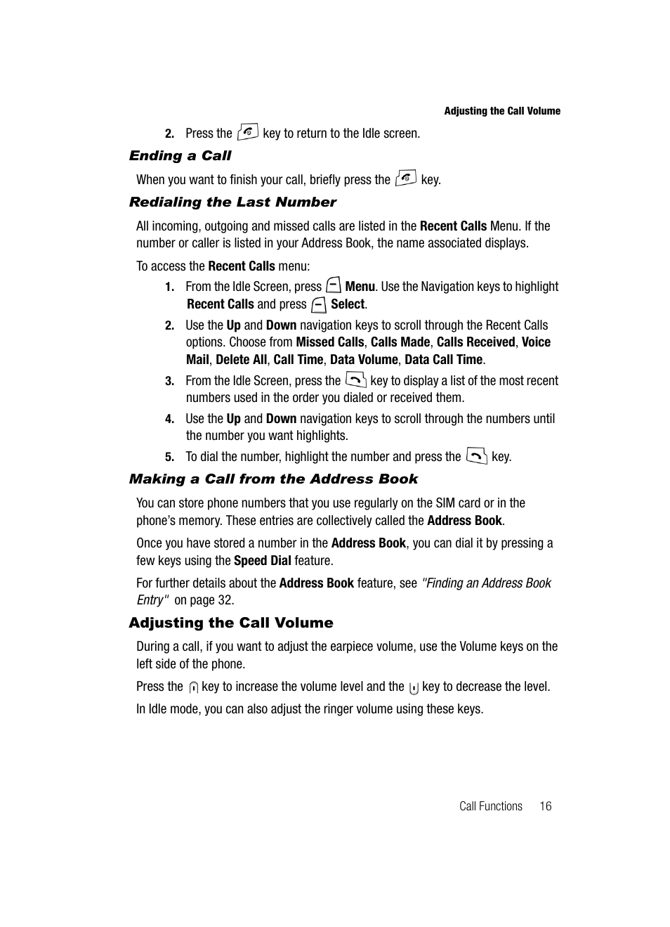 Adjusting the call volume | Samsung SGH-A117ZKCATT User Manual | Page 19 / 92