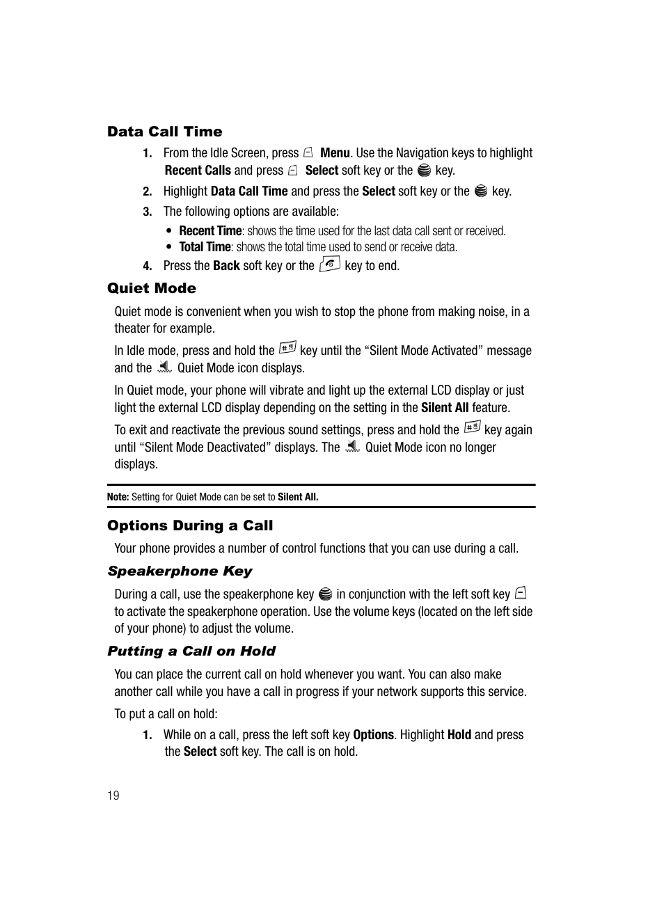 Data call time quiet mode options during a call, Data call time, Quiet mode | Options during a call | Samsung SGH-A117ZKCATT User Manual | Page 22 / 92