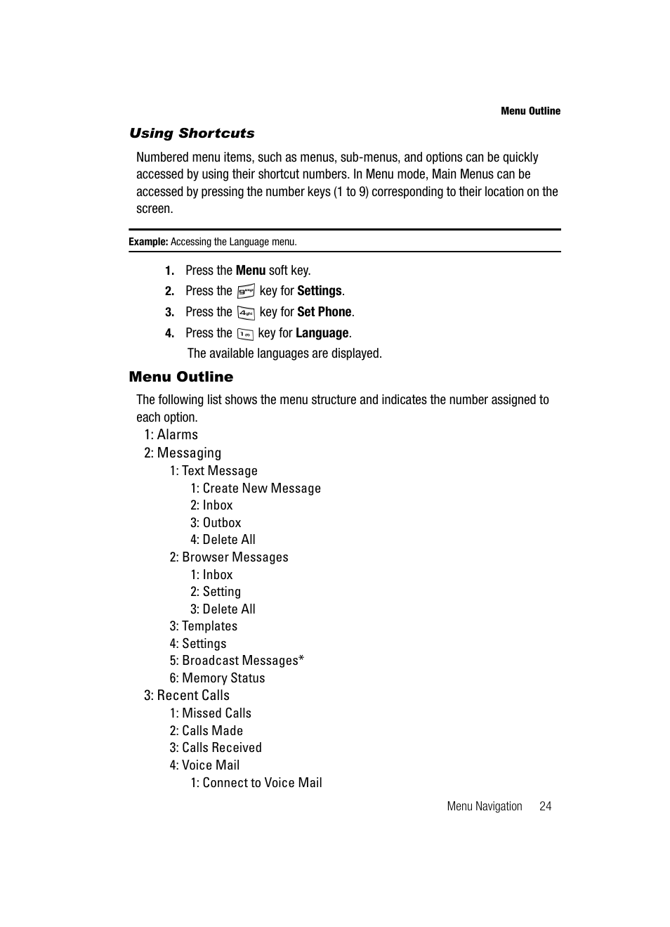 Menu outline | Samsung SGH-A117ZKCATT User Manual | Page 27 / 92