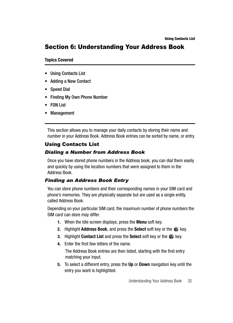 Section 6: understanding your address book, Using contacts list | Samsung SGH-A117ZKCATT User Manual | Page 35 / 92