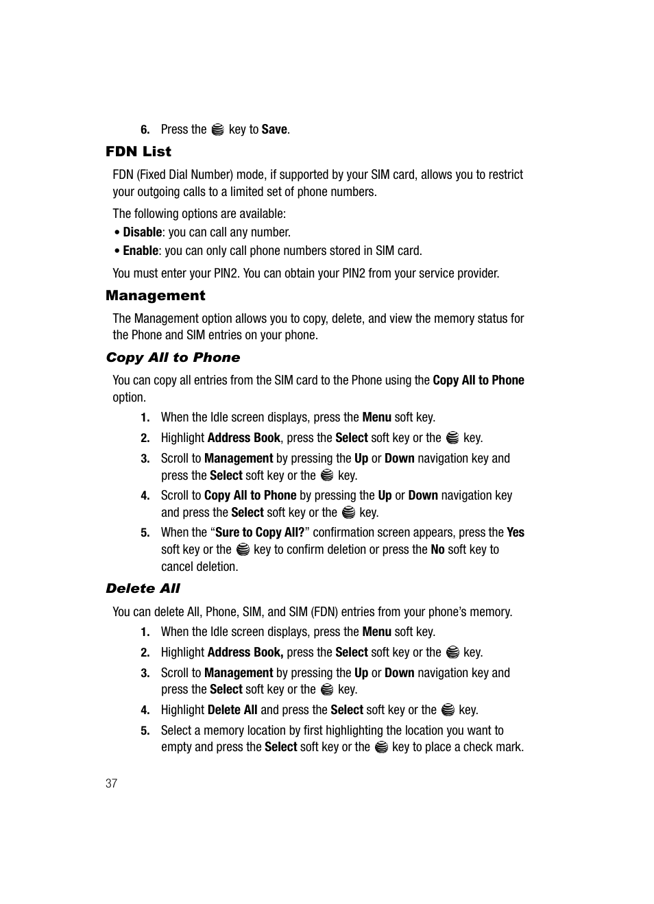 Fdn list management, Fdn list, Management | Samsung SGH-A117ZKCATT User Manual | Page 40 / 92