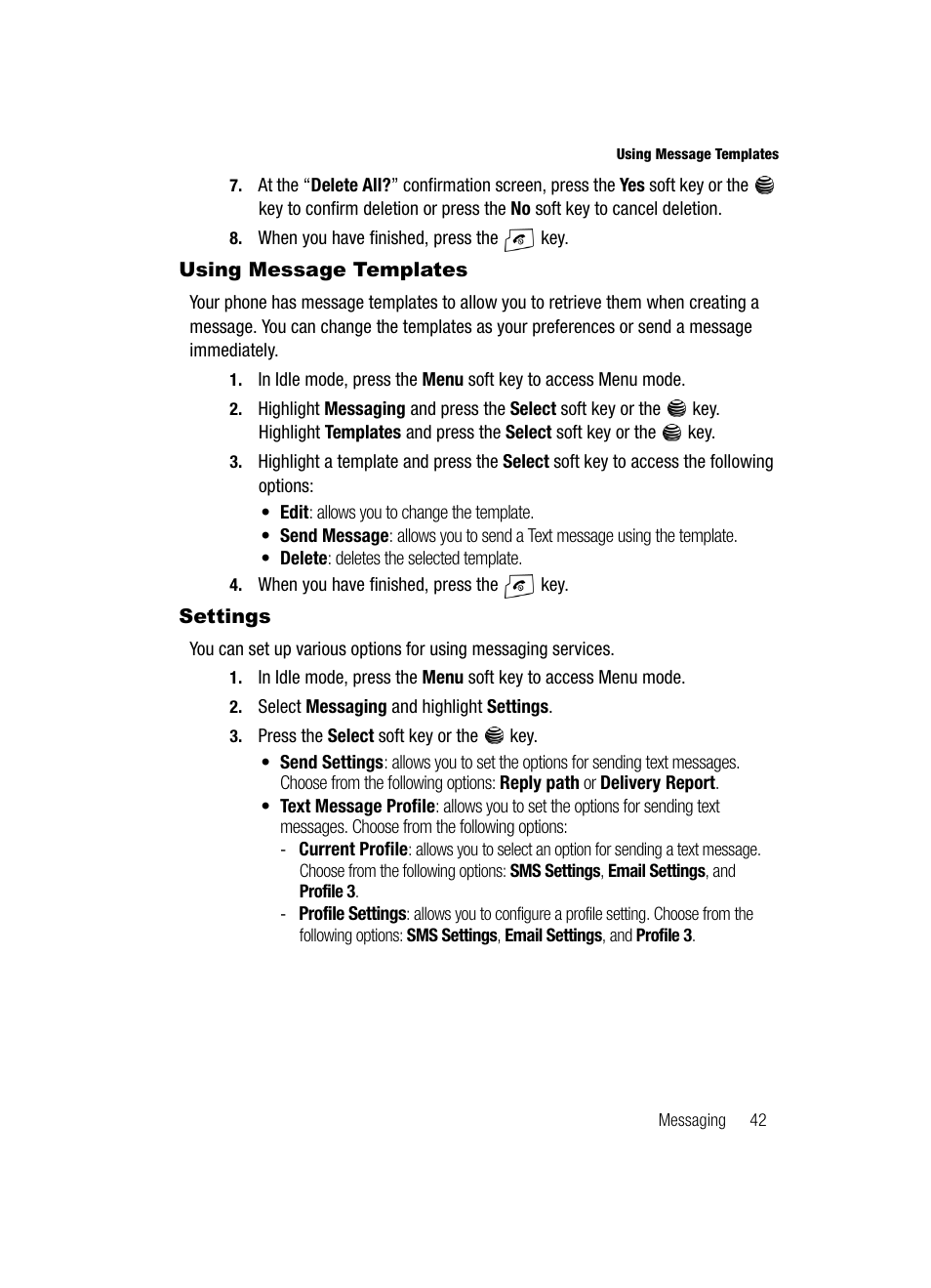 Using message templates settings, Using message templates, Settings | Samsung SGH-A117ZKCATT User Manual | Page 45 / 92