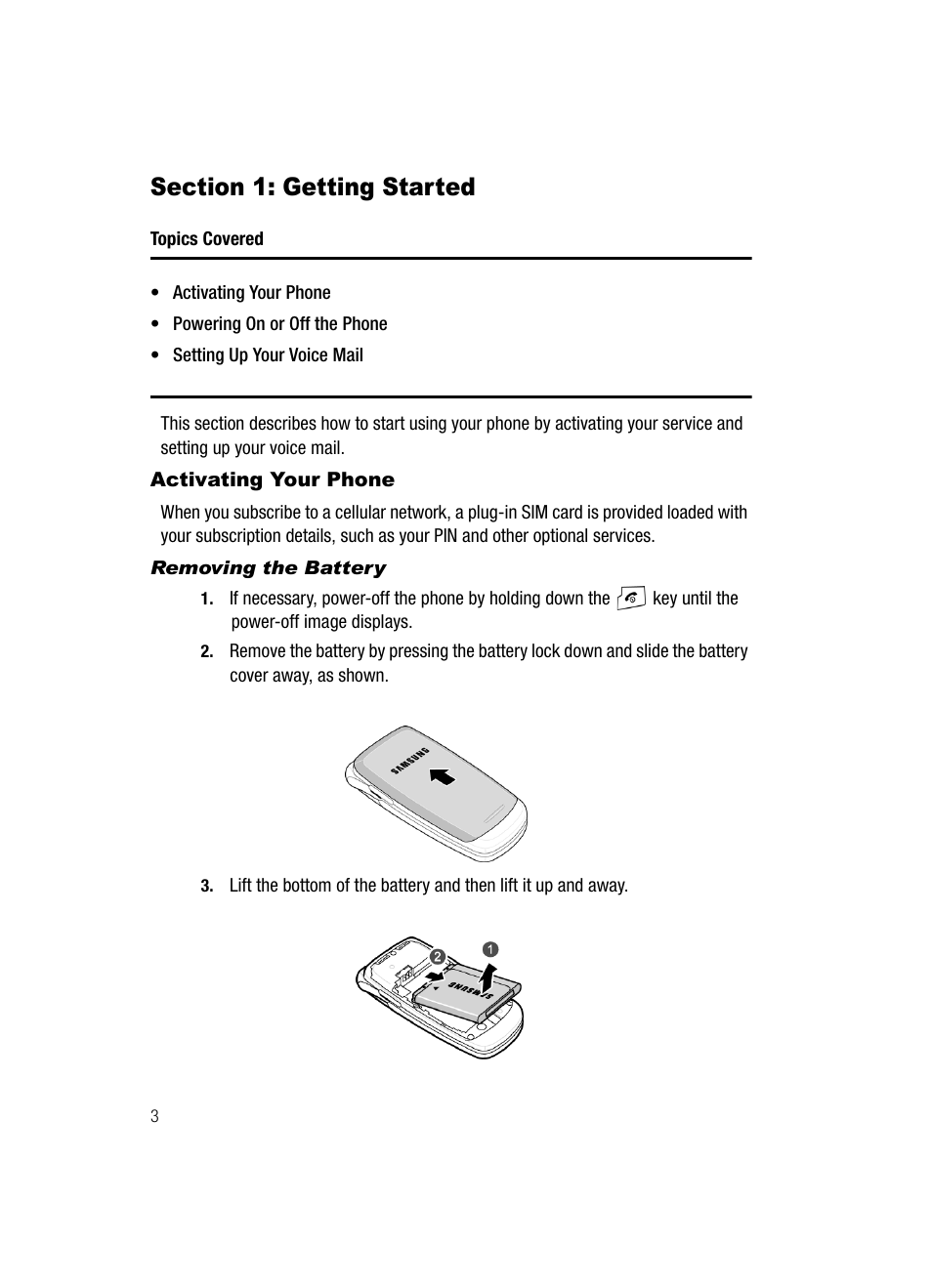 Section 1: getting started, Activating your phone | Samsung SGH-A117ZKCATT User Manual | Page 6 / 92