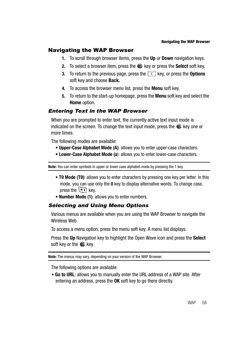 Navigating the wap browser | Samsung SGH-A117ZKCATT User Manual | Page 61 / 92
