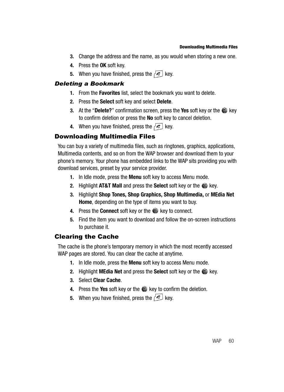 Downloading multimedia files clearing the cache | Samsung SGH-A117ZKCATT User Manual | Page 63 / 92