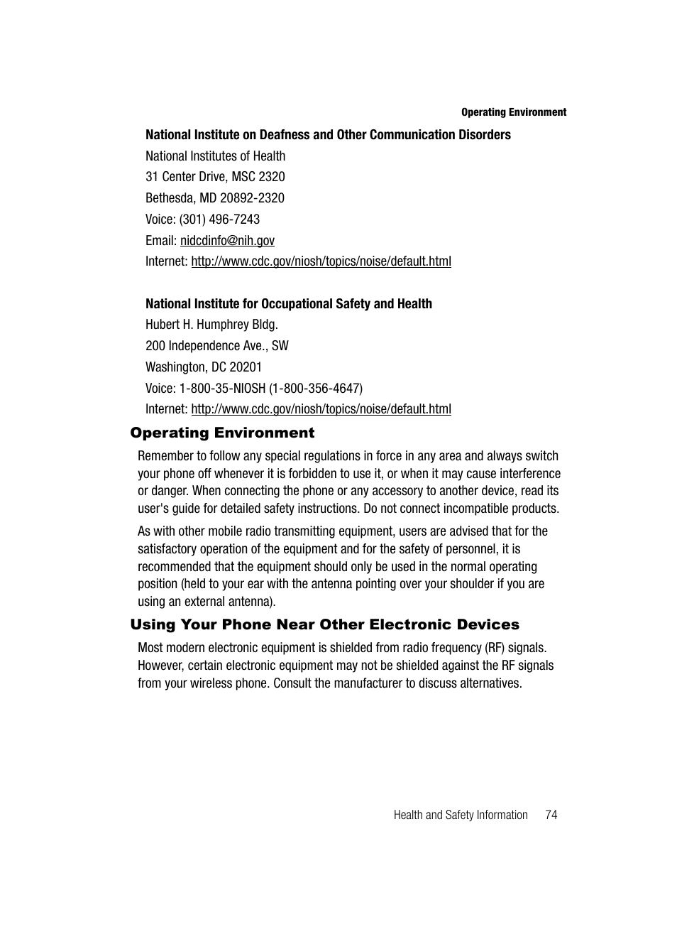 Operating environment, Using your phone near other electronic devices | Samsung SGH-A117ZKCATT User Manual | Page 77 / 92