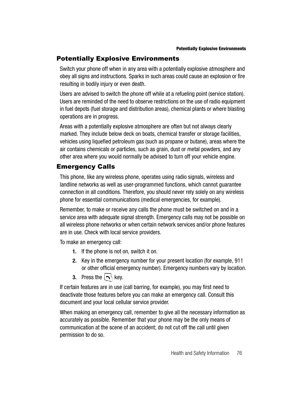 Potentially explosive environments emergency calls, Potentially explosive environments, Emergency calls | Samsung SGH-A117ZKCATT User Manual | Page 79 / 92