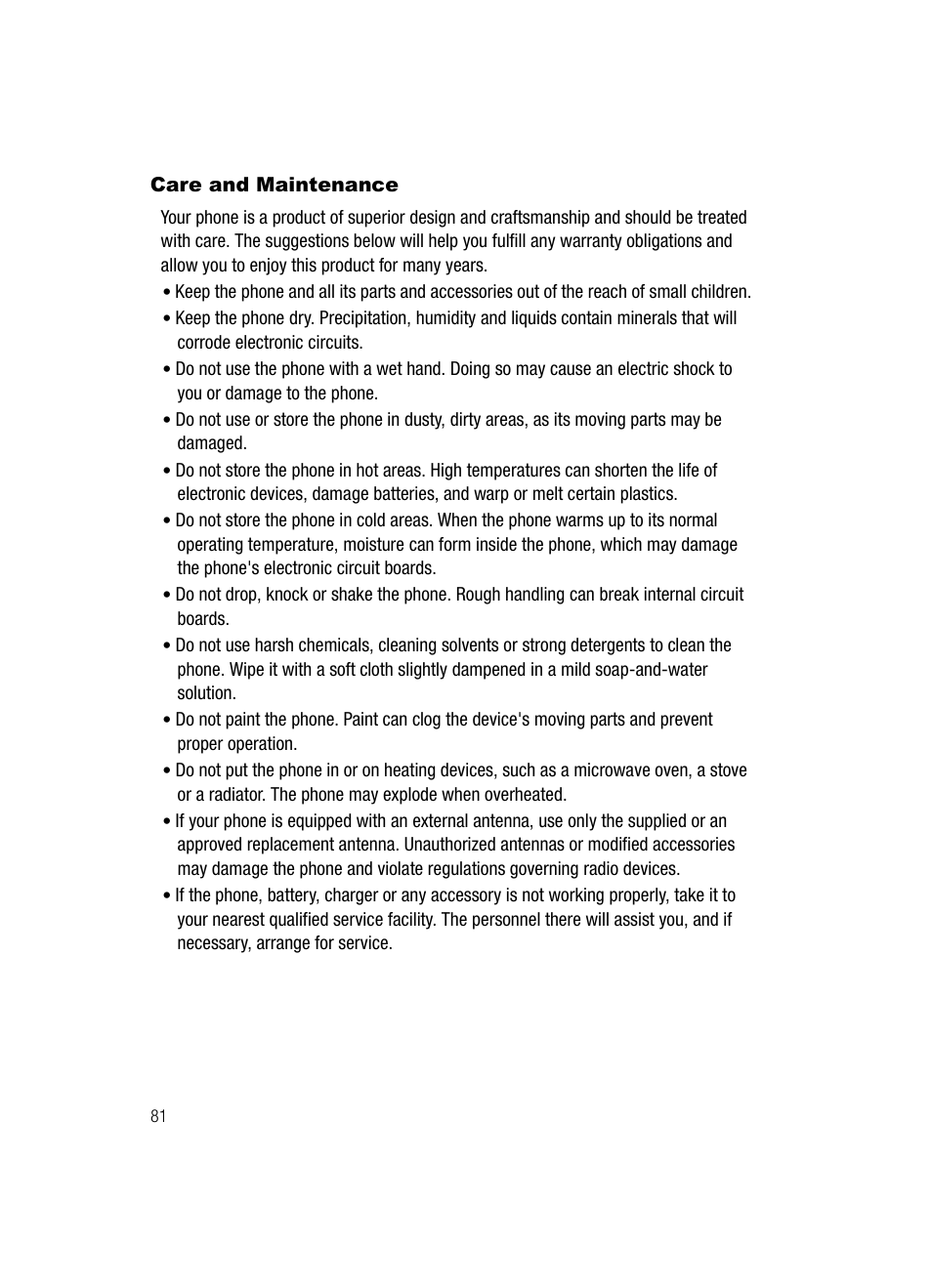 Care and maintenance | Samsung SGH-A117ZKCATT User Manual | Page 84 / 92