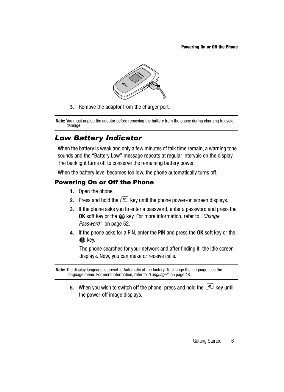 Powering on or off the phone, Low battery indicator | Samsung SGH-A117ZKCATT User Manual | Page 9 / 92