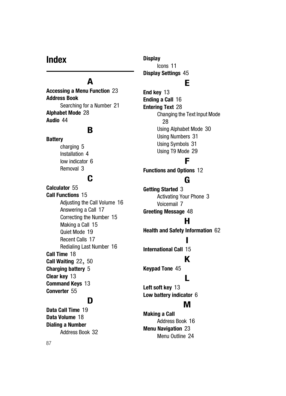 Index | Samsung SGH-A117ZKCATT User Manual | Page 90 / 92