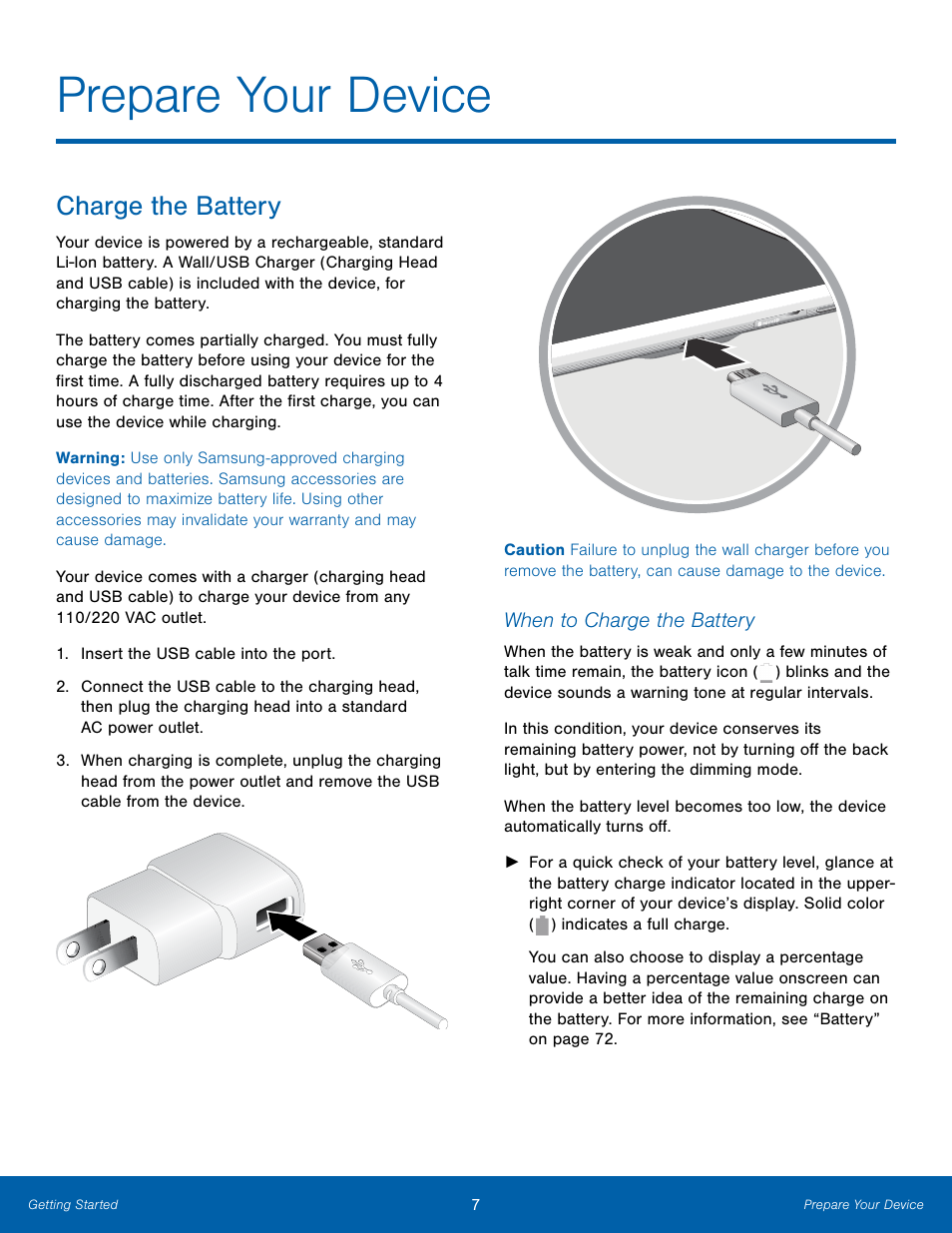 Prepare your device, Charge the battery | Samsung SM-T800NTSAXAR User Manual | Page 11 / 83