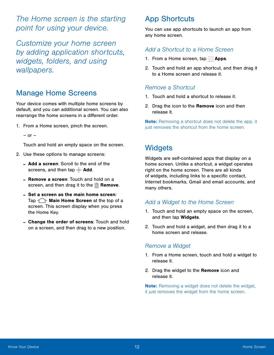 Manage home screens, App shortcuts, Widgets | Manage home screens app shortcuts widgets | Samsung SM-T800NTSAXAR User Manual | Page 16 / 83