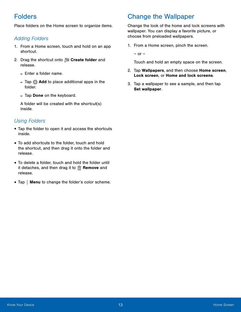 Folders, Change the wallpaper, Folders change the wallpaper | Samsung SM-T800NTSAXAR User Manual | Page 17 / 83