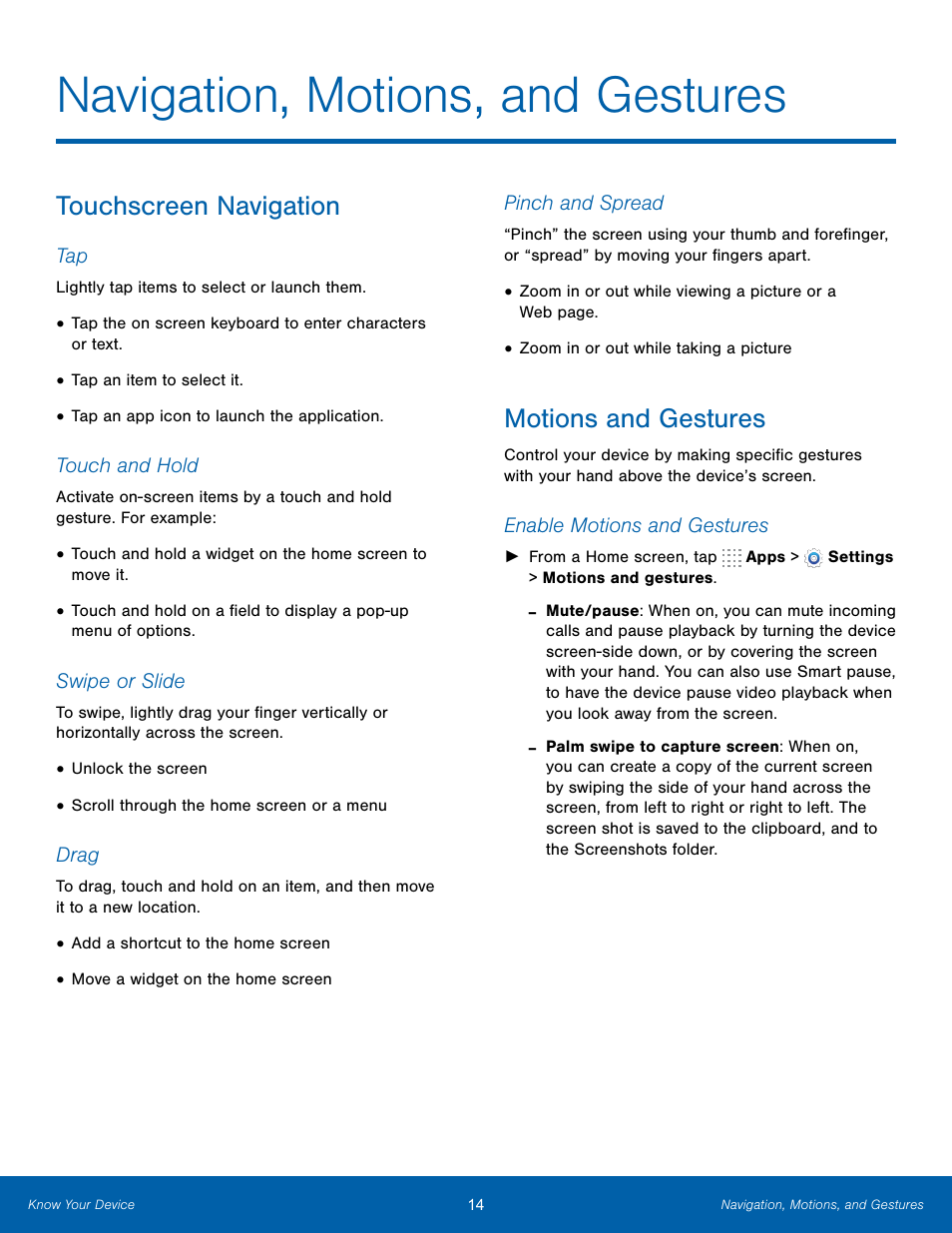 Navigation, motions, and gestures, Touchscreen navigation, Motions and gestures | Touchscreen navigation motions and gestures | Samsung SM-T800NTSAXAR User Manual | Page 18 / 83