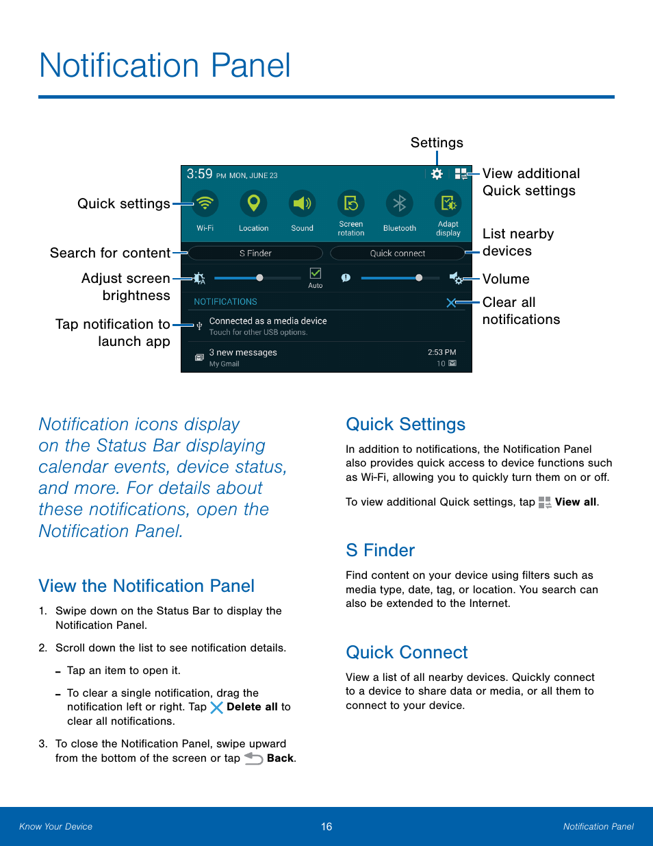Notification panel, View the notification panel, Quick settings | S finder, Quick connect | Samsung SM-T800NTSAXAR User Manual | Page 20 / 83