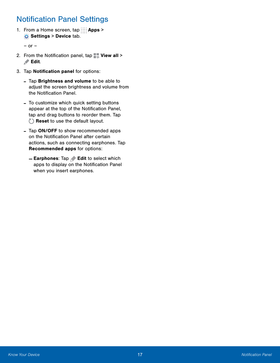 Notification panel settings | Samsung SM-T800NTSAXAR User Manual | Page 21 / 83
