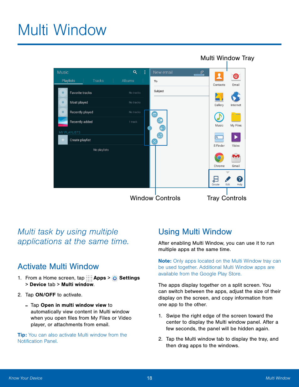 Multi window, Activate multi window, Using multi window | Activate multi window using multi window | Samsung SM-T800NTSAXAR User Manual | Page 22 / 83