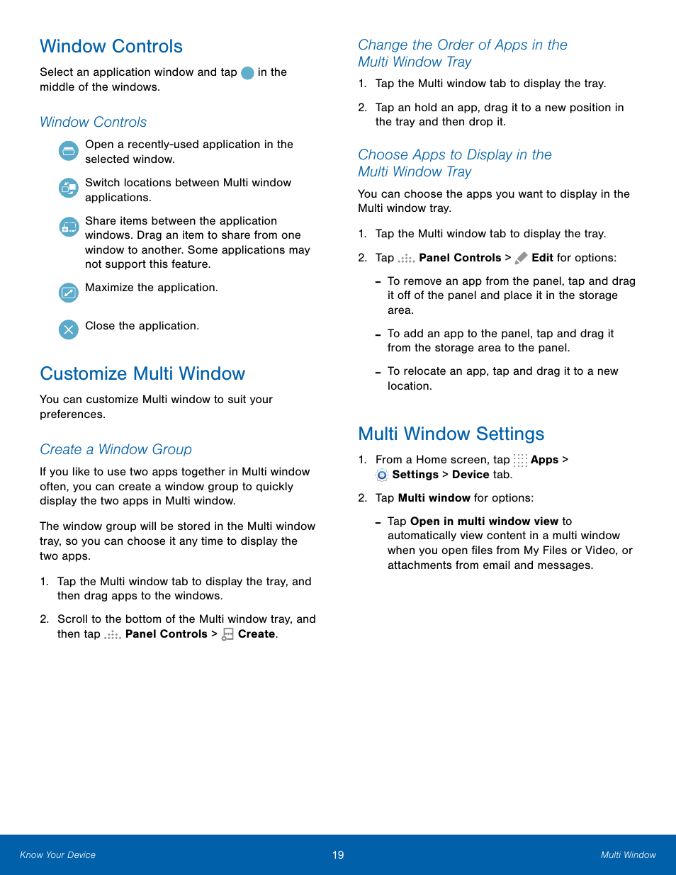 Window controls, Customize multi window, Multi window settings | Samsung SM-T800NTSAXAR User Manual | Page 23 / 83