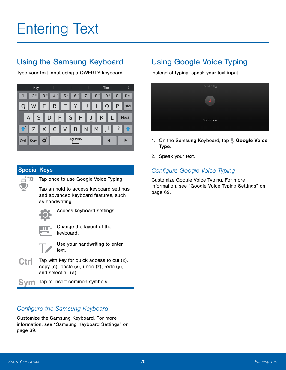 Entering text, Using the samsung keyboard, Using google voice typing | Samsung SM-T800NTSAXAR User Manual | Page 24 / 83